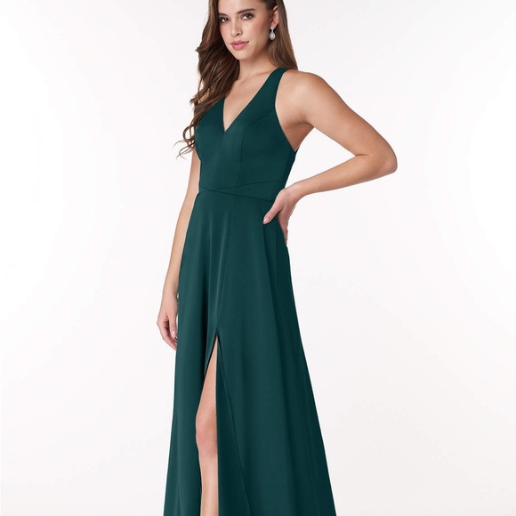 NWT! Azazie Ceria A-Line V-Neck Stretch Satin Floor Length- Pine,Size A10 - Picture 5 of 9